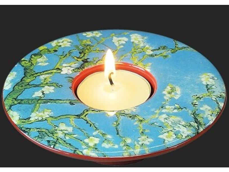 Oranje rand Afkeer Laag, rond theelichtje met de amandelbloesem van Van Gogh, Almond Blossom -  DecoVista - kleurrijke meubelen, wanddecoraties en glasobjecten