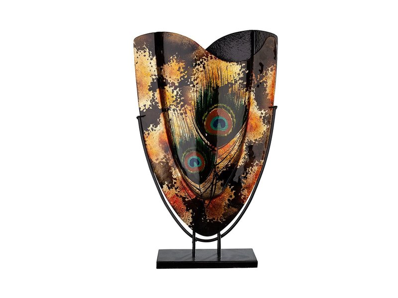 Slender decorative vase with gold accents and peacock feathers - oval XL