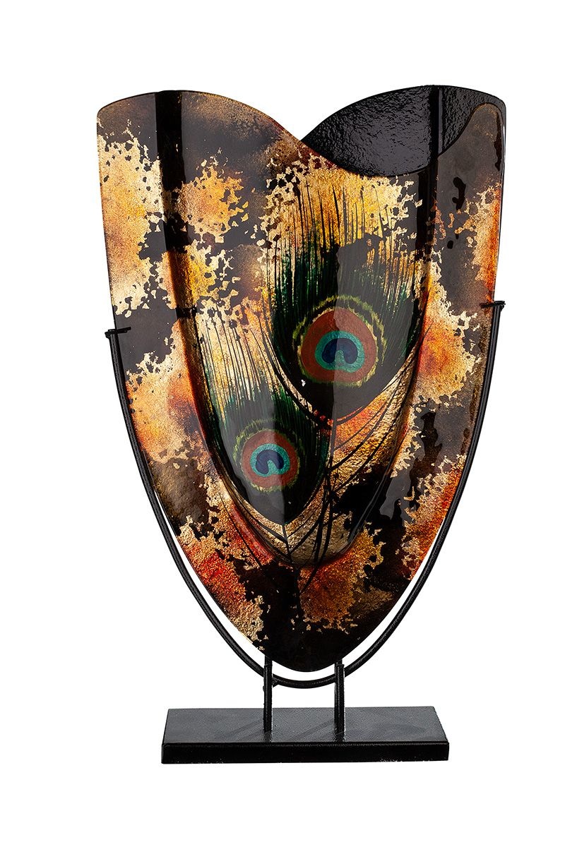 Vaas Golden-Peacock van glas op zwart metalen standaard XL - DecoVista - kleurrijke wanddecoraties en glasobjecten