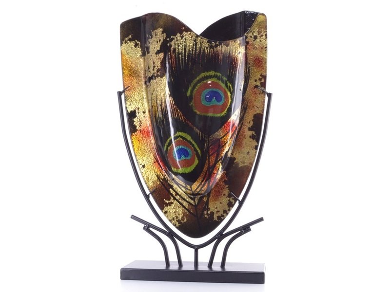 Slender decorative vase with gold accents and peacock feathers - oval L