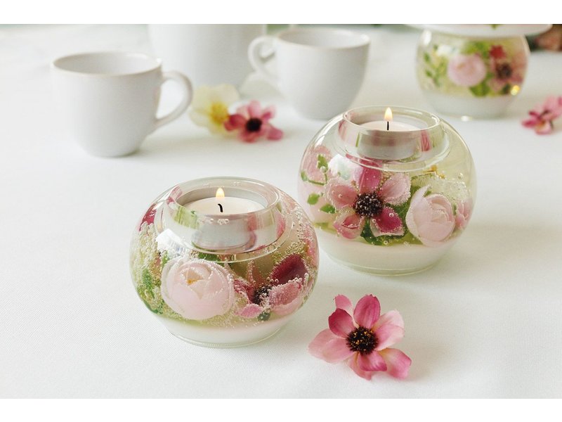 Dreamlight Teelichthalter transparent mit rosa Blüten
