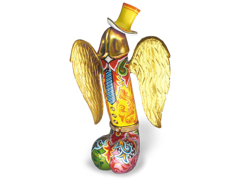 Toms Drag Penis sculpture with scrotum, hat and golden wings