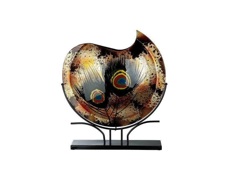 Jarrón decorativo delgado con detalles dorados y plumas de pavo real - moon