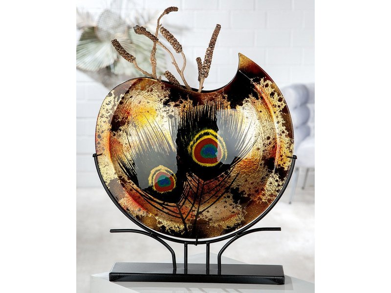 Schmale, runde dekorative Glasvase in Metallhalterung - goldbraun
