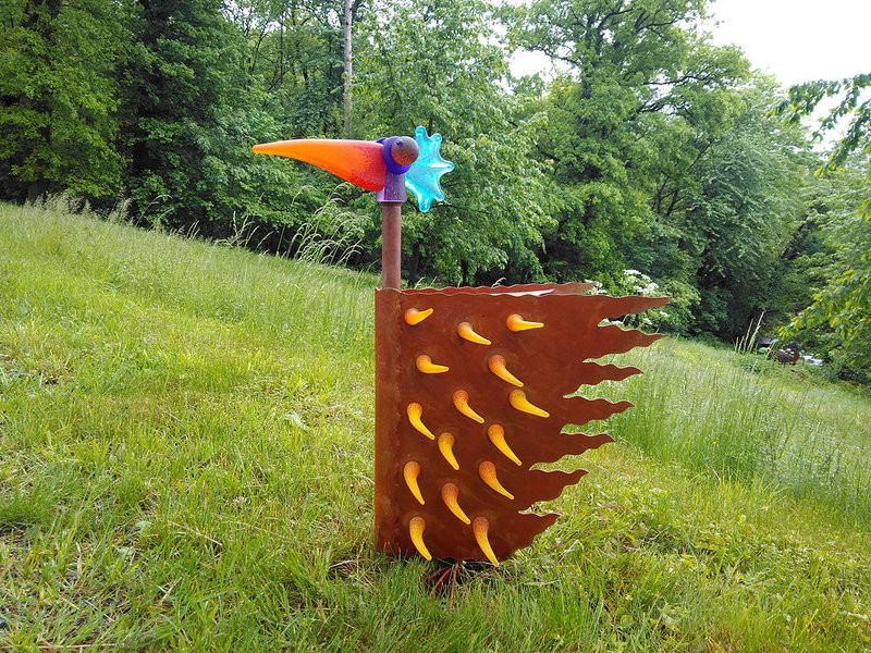 Borowski Escultura de pájaro naranja-amarillo de vidrio y acero, objeto de arte