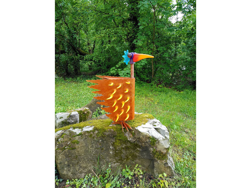 Borowski Escultura de pájaro naranja-amarillo de vidrio y acero, objeto de arte