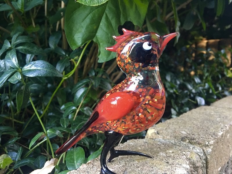 Loranto Vetro Red bird of glass, with crest, handcrafted
