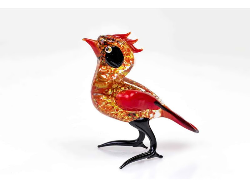 Loranto Vetro Rode vogel van glas, met kuifje, kuifmees