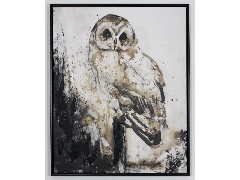 Black framed painting, owl on branch - mixed art