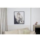 Black framed painting, owl on branch - mixed art
