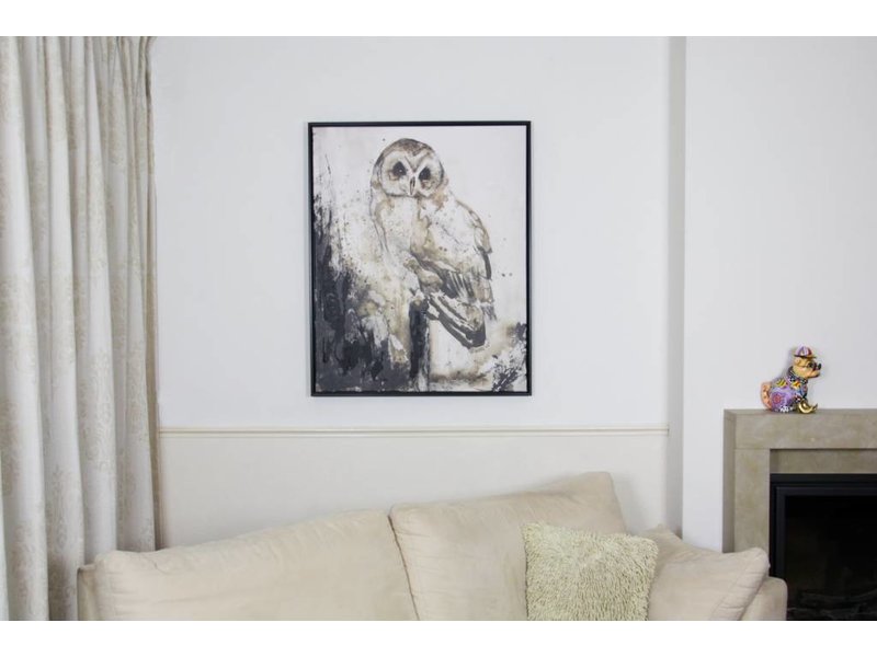 Black framed painting, owl on branch - mixed art