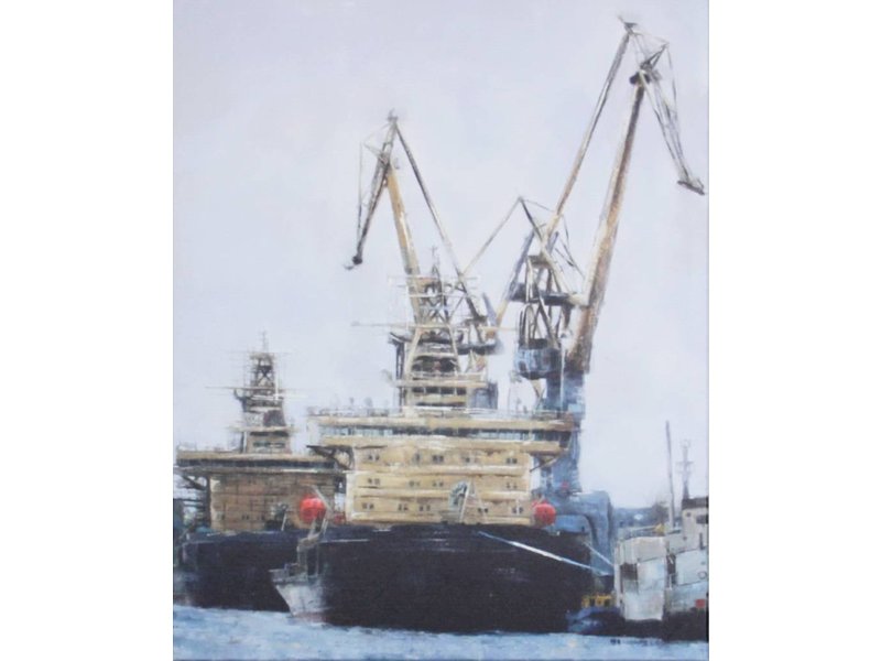 Painting with two tugs - mixed -media