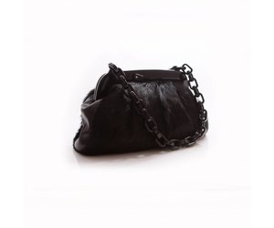 Chanel black fur bag with plastic chain and clasp with Chanel logo