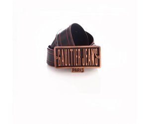 Gaultier Jeans, black high shine leather belt with bordeaux red