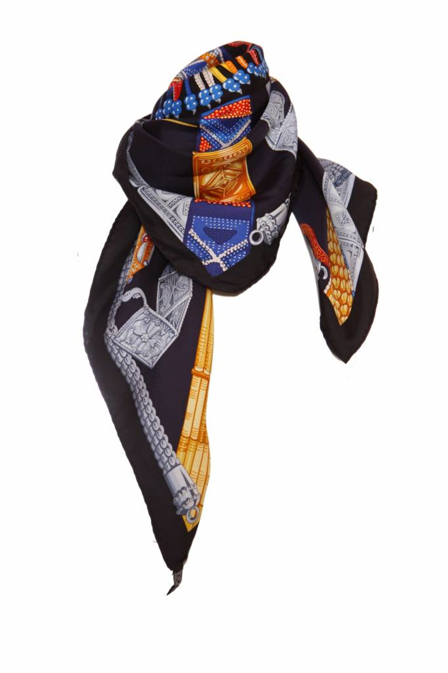 cafe klep Namaak Hermes, deep dark blue silk scarf with colourful print. - Unique Designer  Pieces