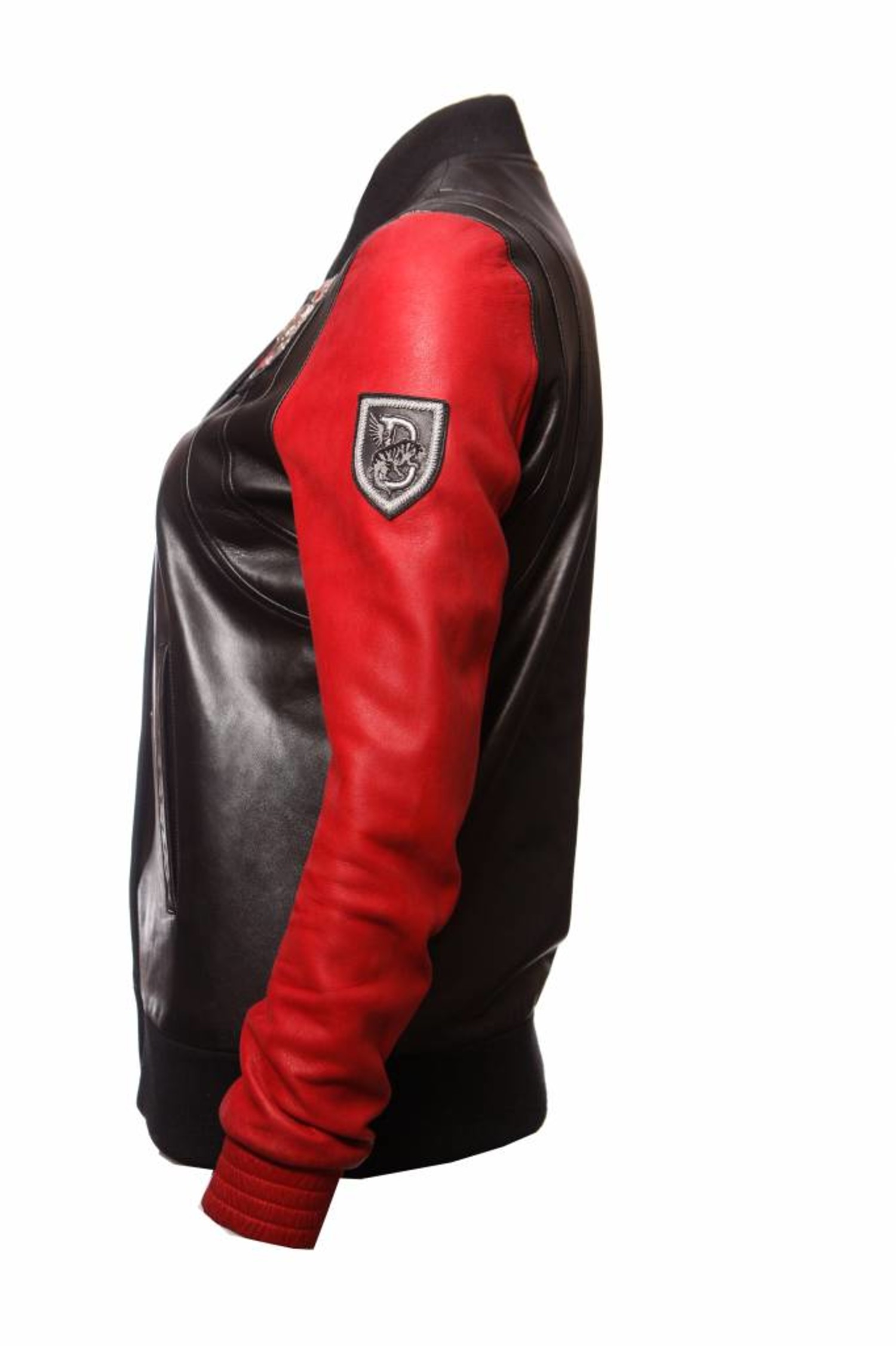 Balmain, black bomber jacket red sleeves. - Unique Designer Pieces