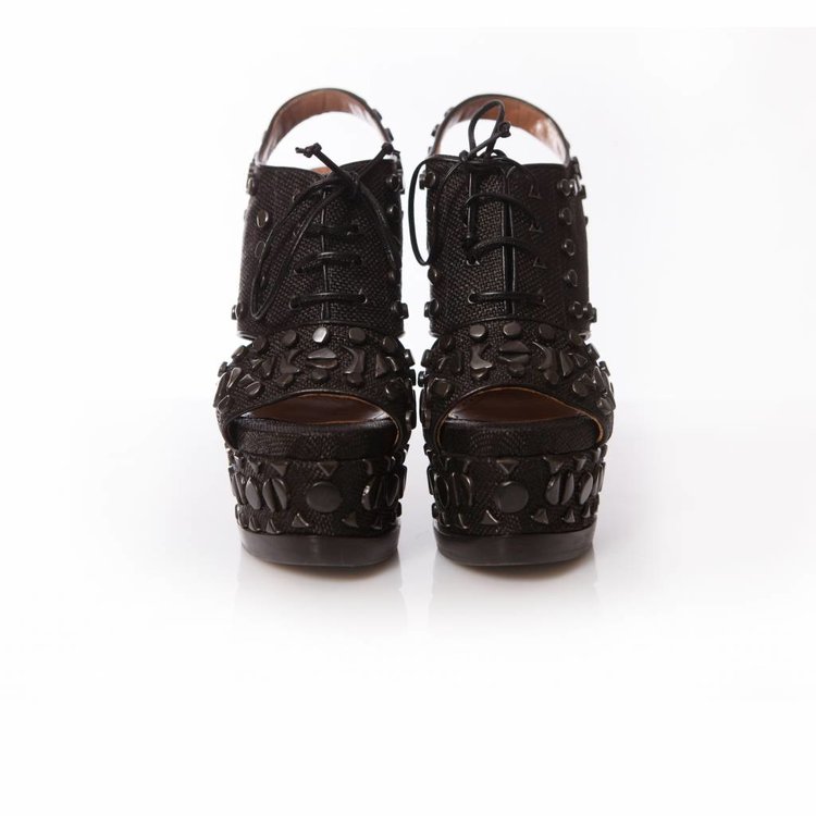 Alaïa Alaia, black woven laced up platform sandals with studs in size ...