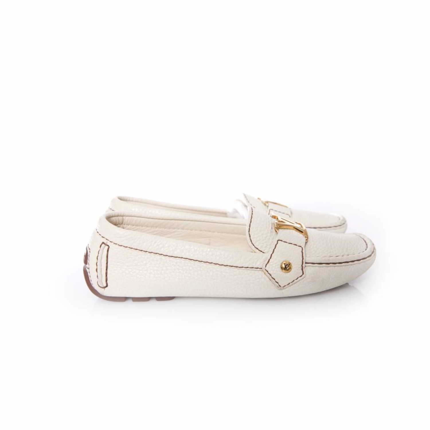 Louis Vuitton, white grained leather loafers. - Unique Designer Pieces