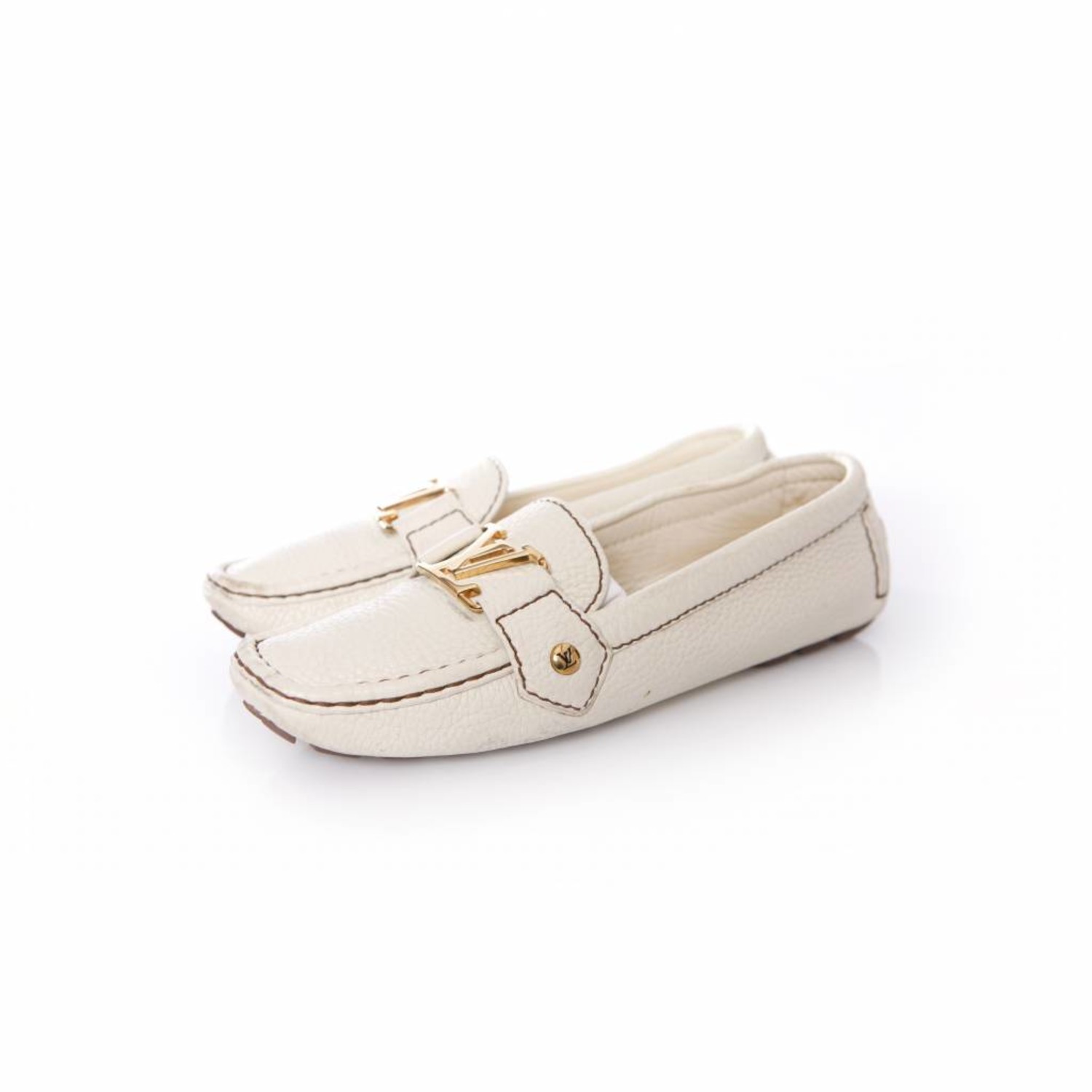 Louis Vuitton, white grained leather loafers. - Unique Designer Pieces