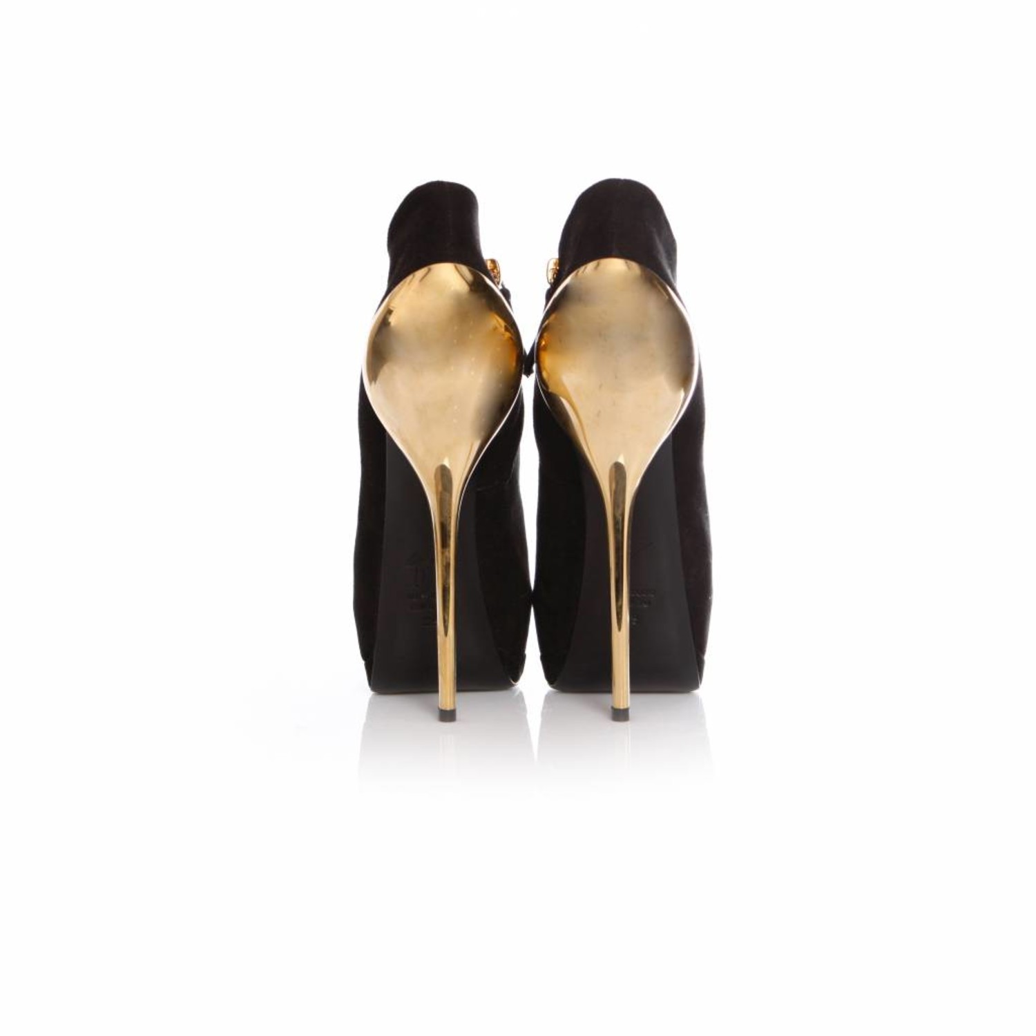 Zanotti Giuseppe Zanotti, black suede peep toe platform shoots with golden heel in size 39. - Unique Designer Pieces