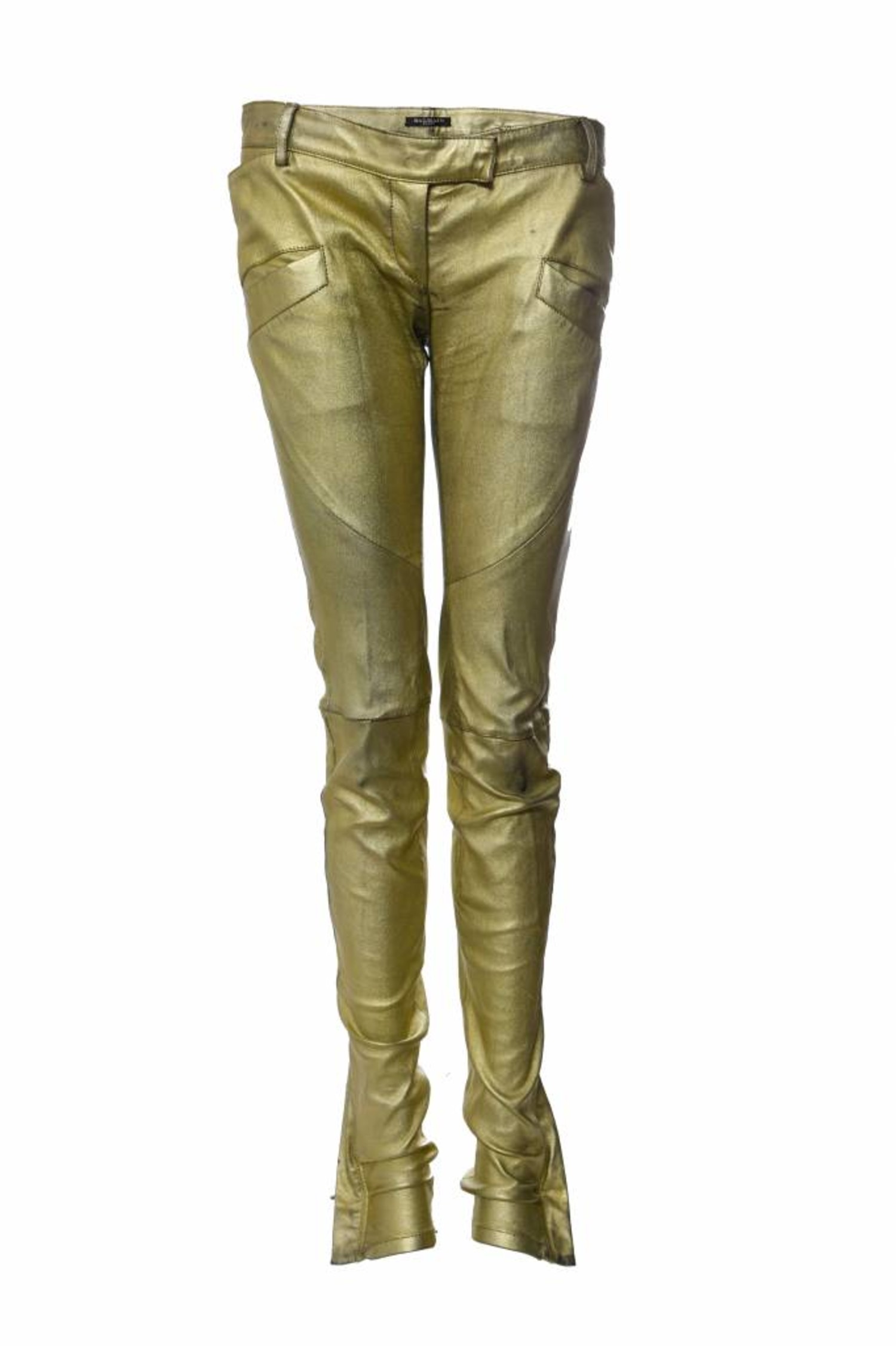 Balmain, metallic gold leather biker pants. - Unique Designer Pieces