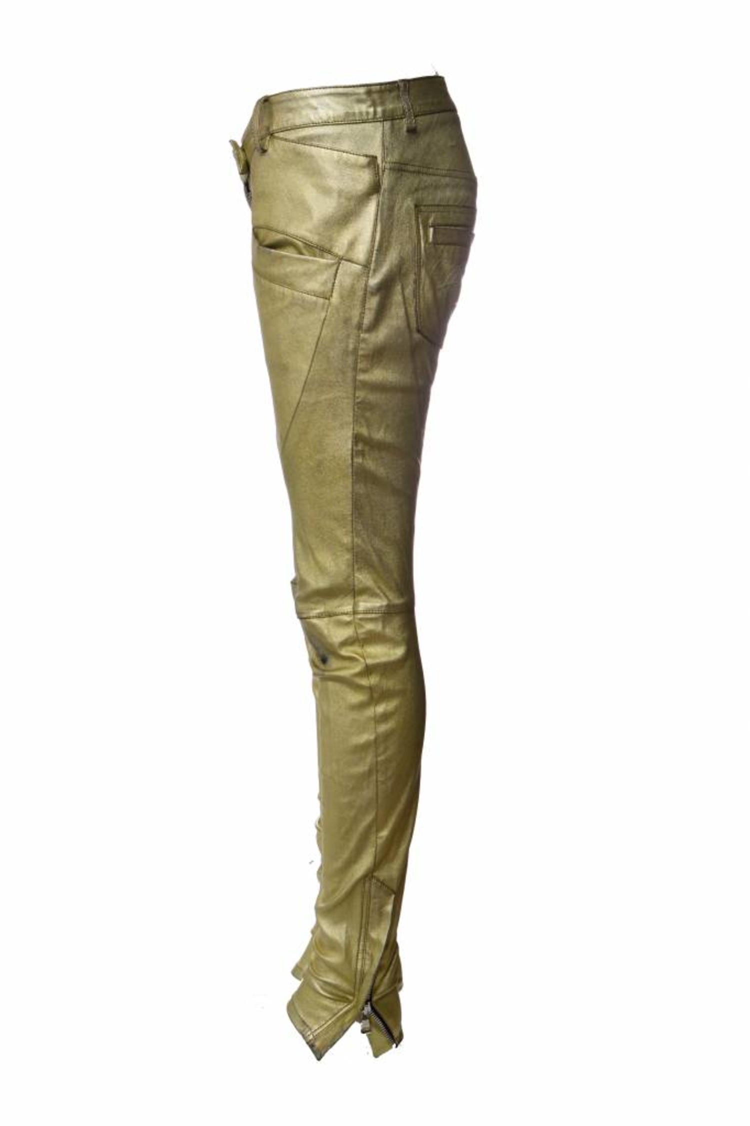 Balmain, metallic gold leather biker pants. Unique Designer Pieces