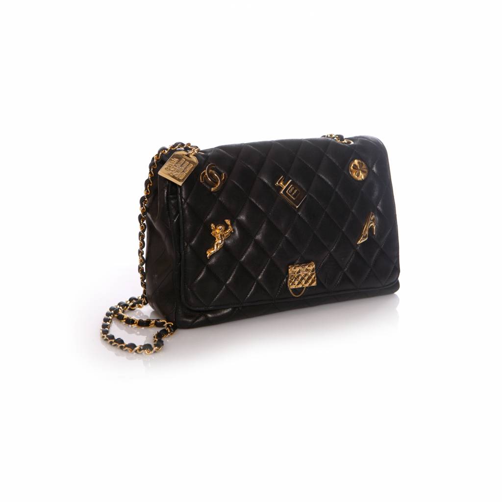 Chanel Vintage Black Quilted Lamb Leather Bag With Golden