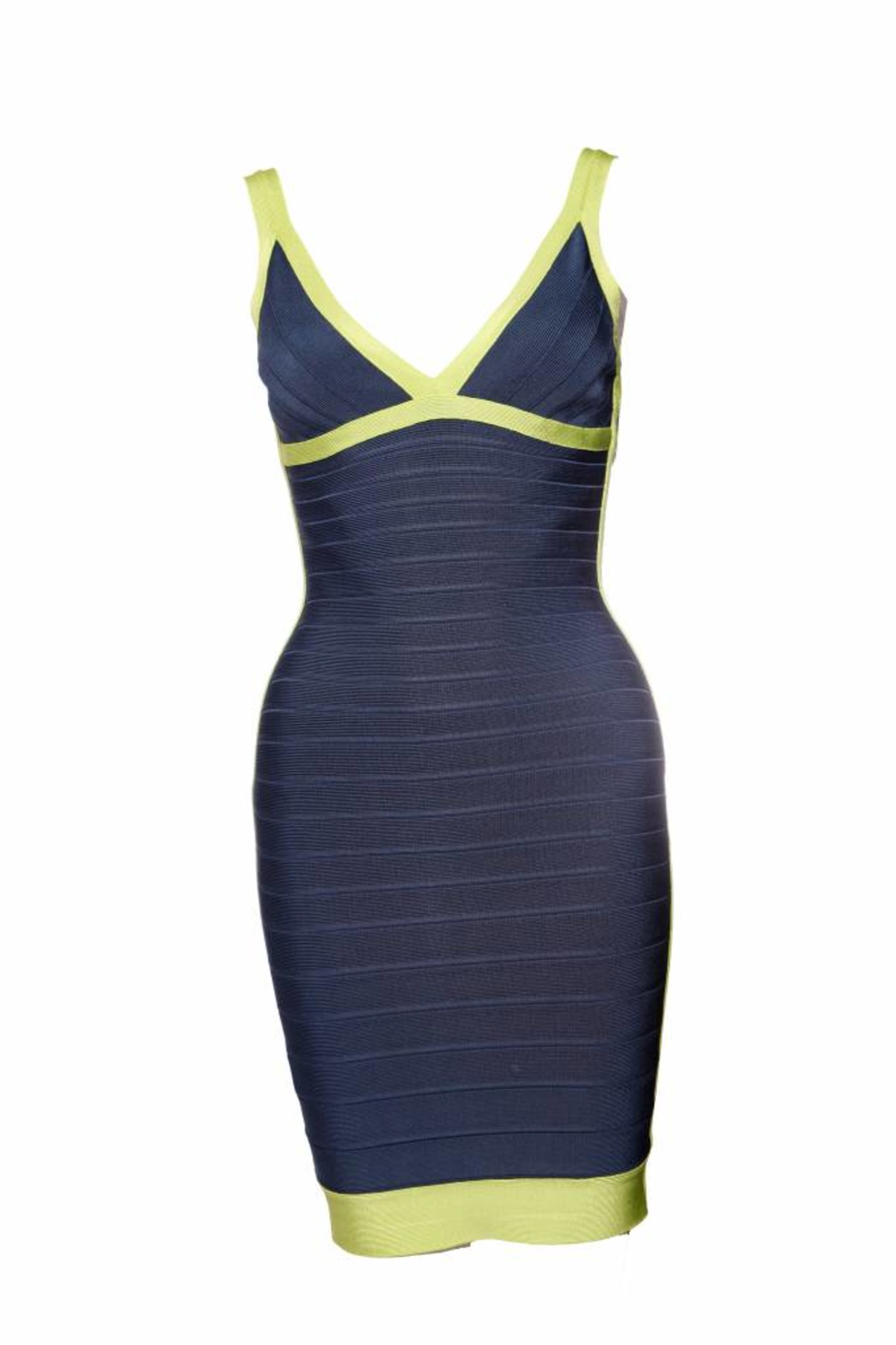 Herve Leger, blue bodycon dress with lime green framing in size S. - Unique  Designer Pieces