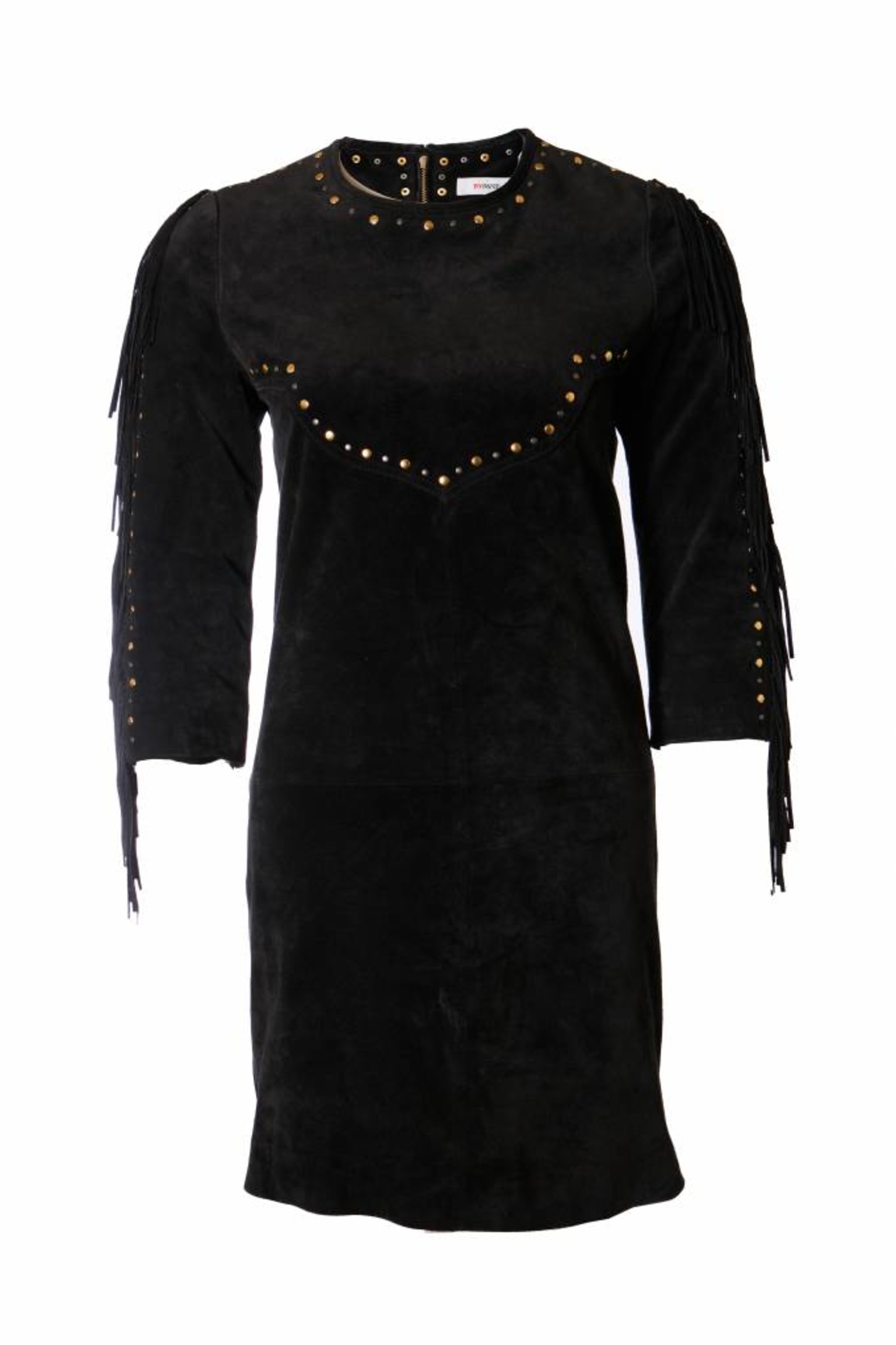over Janice Toevallig ByDanie, zwart suede jurk met franjes en studs in maat S. - Unique Designer  Pieces
