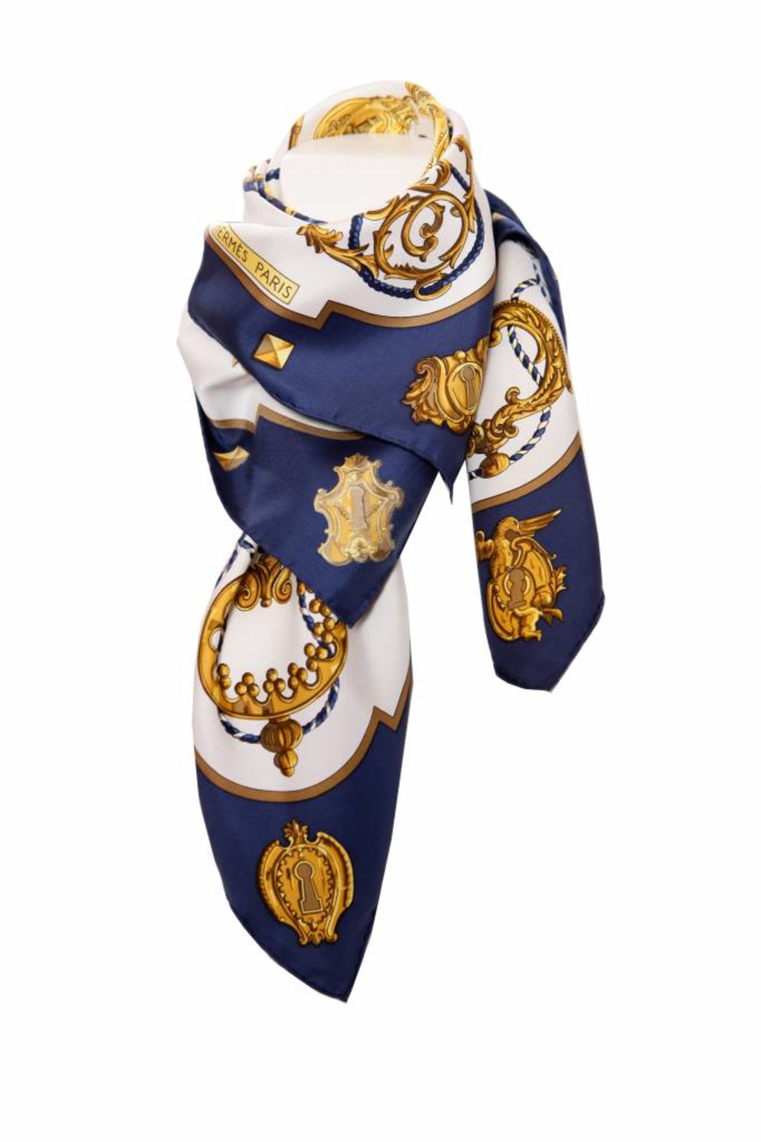 Post Slepen Preventie Hermes, Tijdloze zijde shawl in blauw/wit/goud. - Unique Designer Pieces