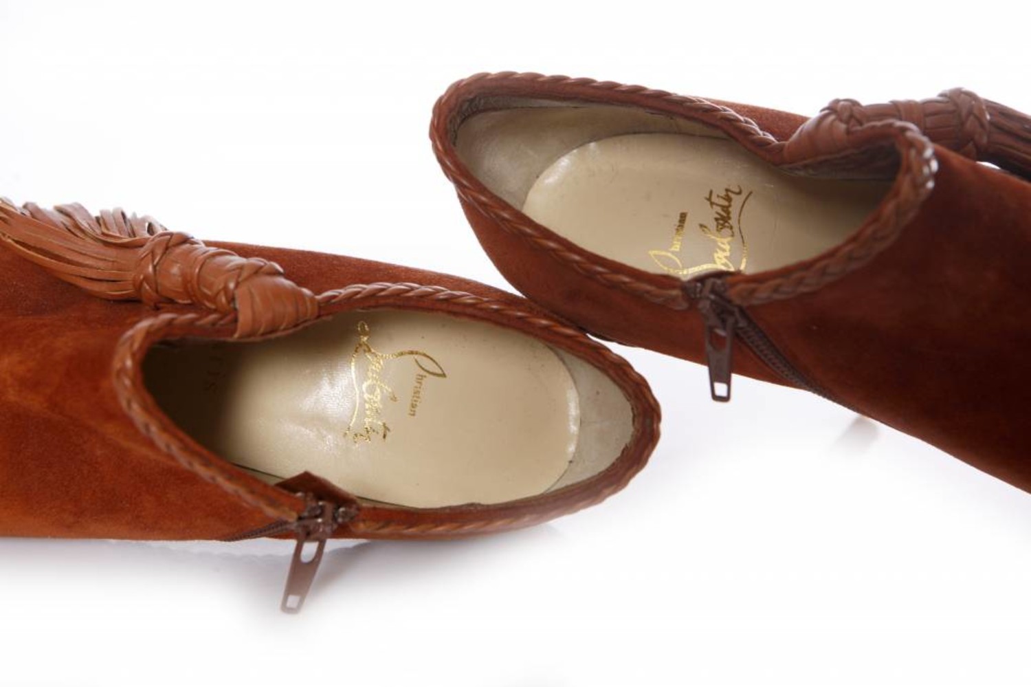 Christian Louboutin, bruine suède/leren platform shoot met kwast
