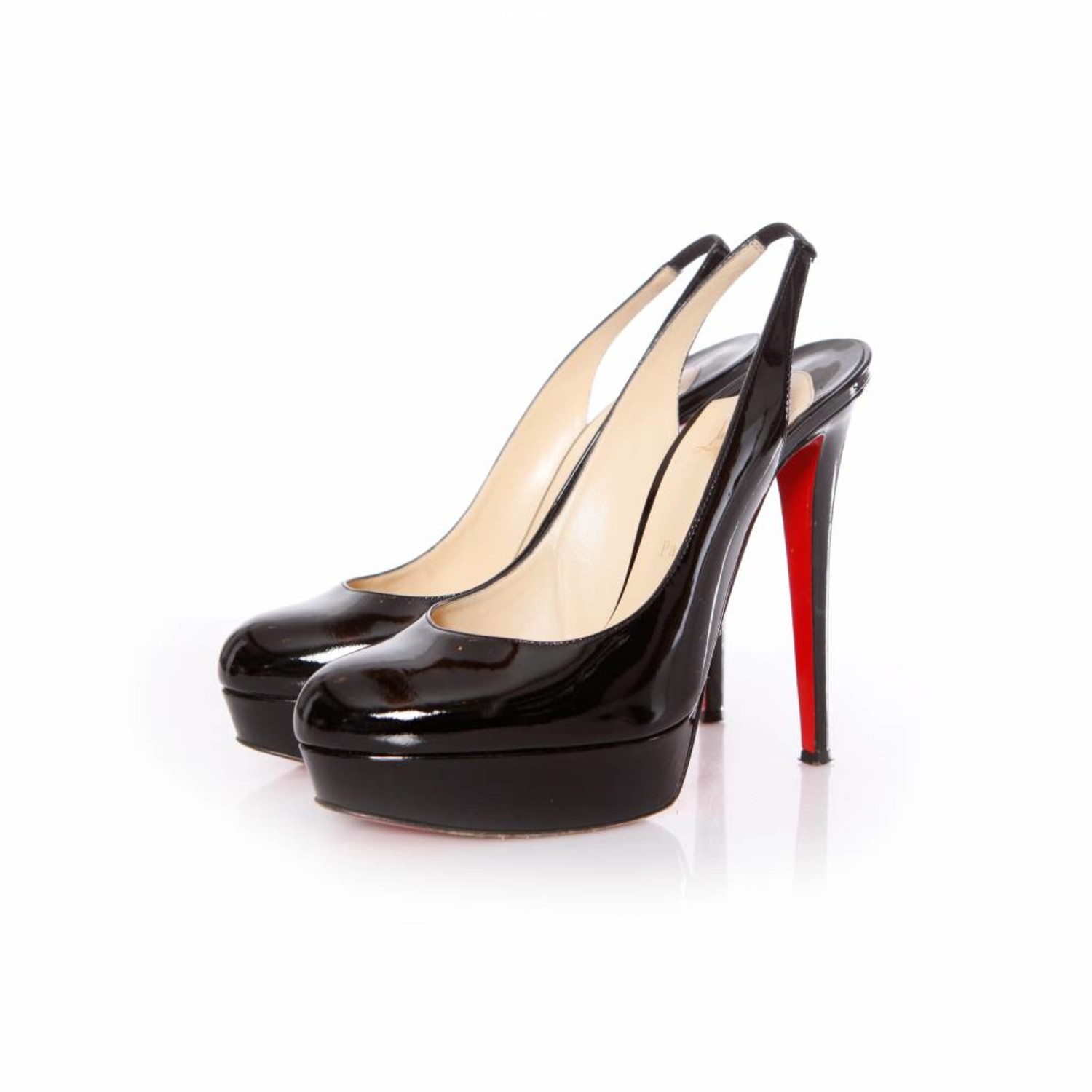 black patent slingback heels