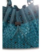 BURBERRY, turquoise woven leather bag with embossed croc print