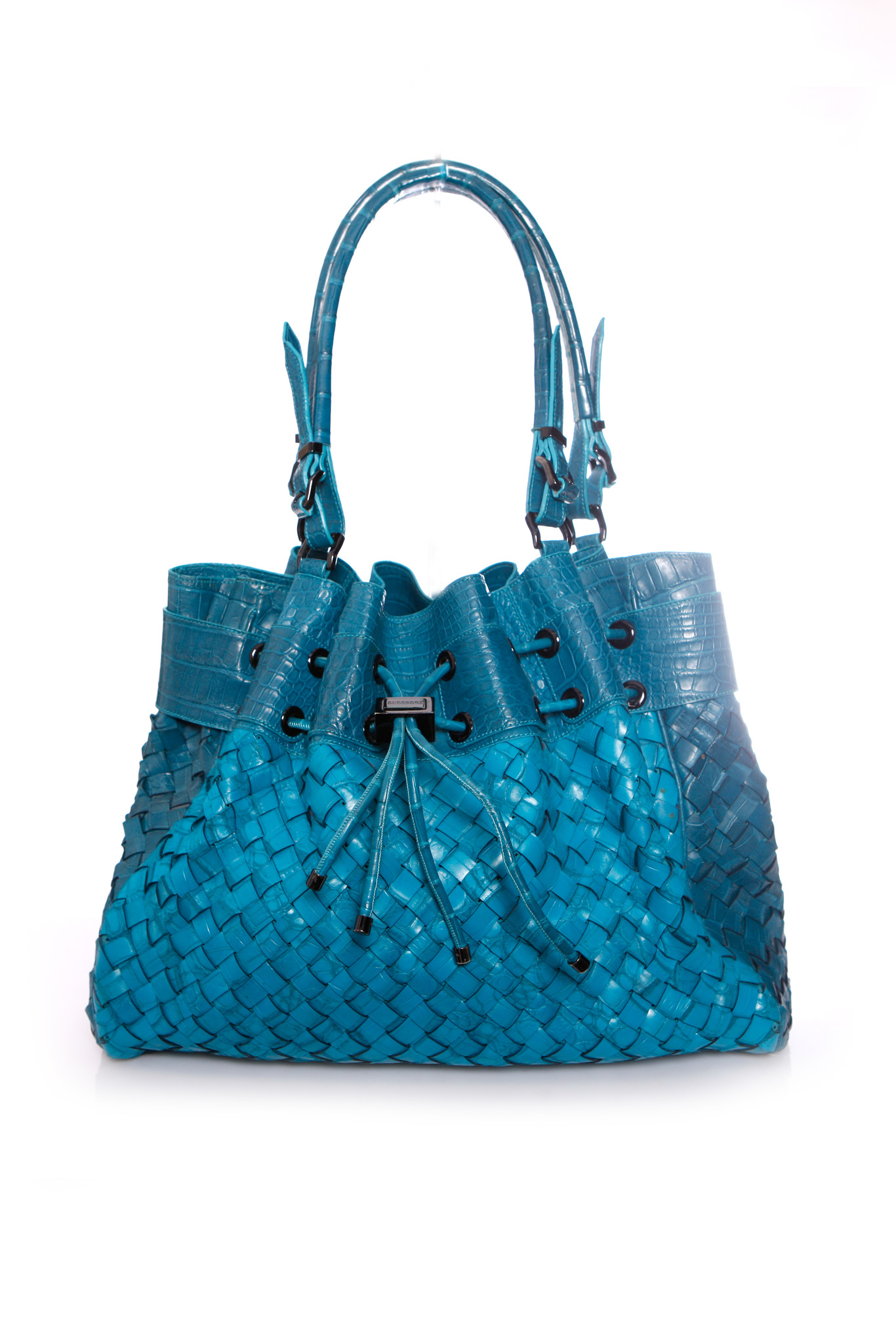 Burberry, turquoise woven leather bag with embossed croc print ...