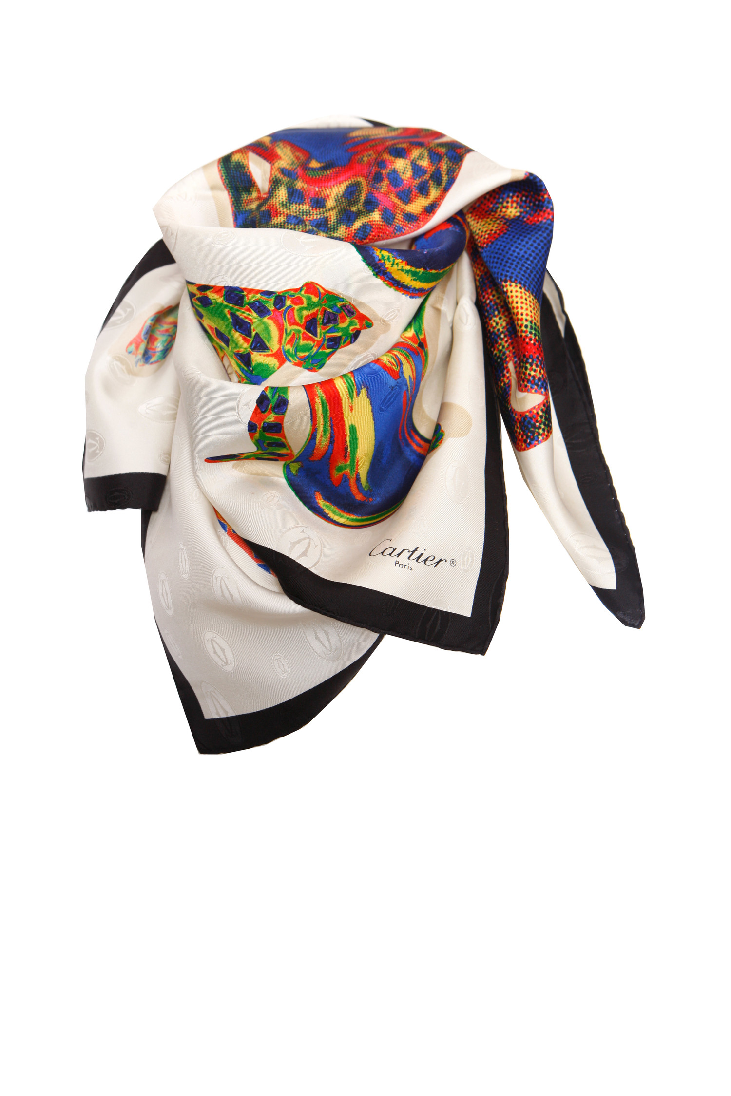 hop Wonder Picknicken Cartier, Must de cartier multikleur zijden sjaal met panter patroon print.  - Unique Designer Pieces
