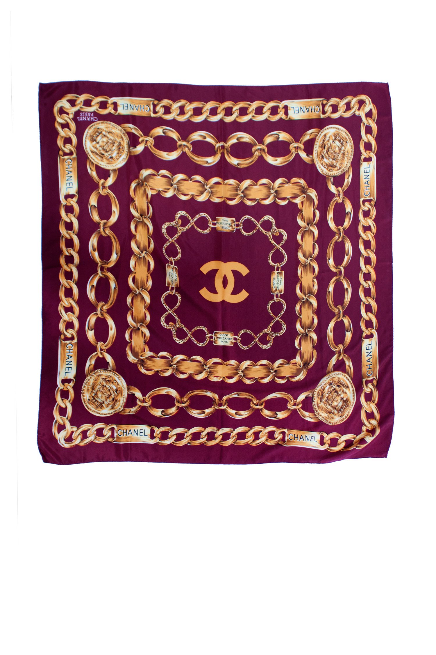 Chanel, Vintage purple silk scarf with gold chain pattern