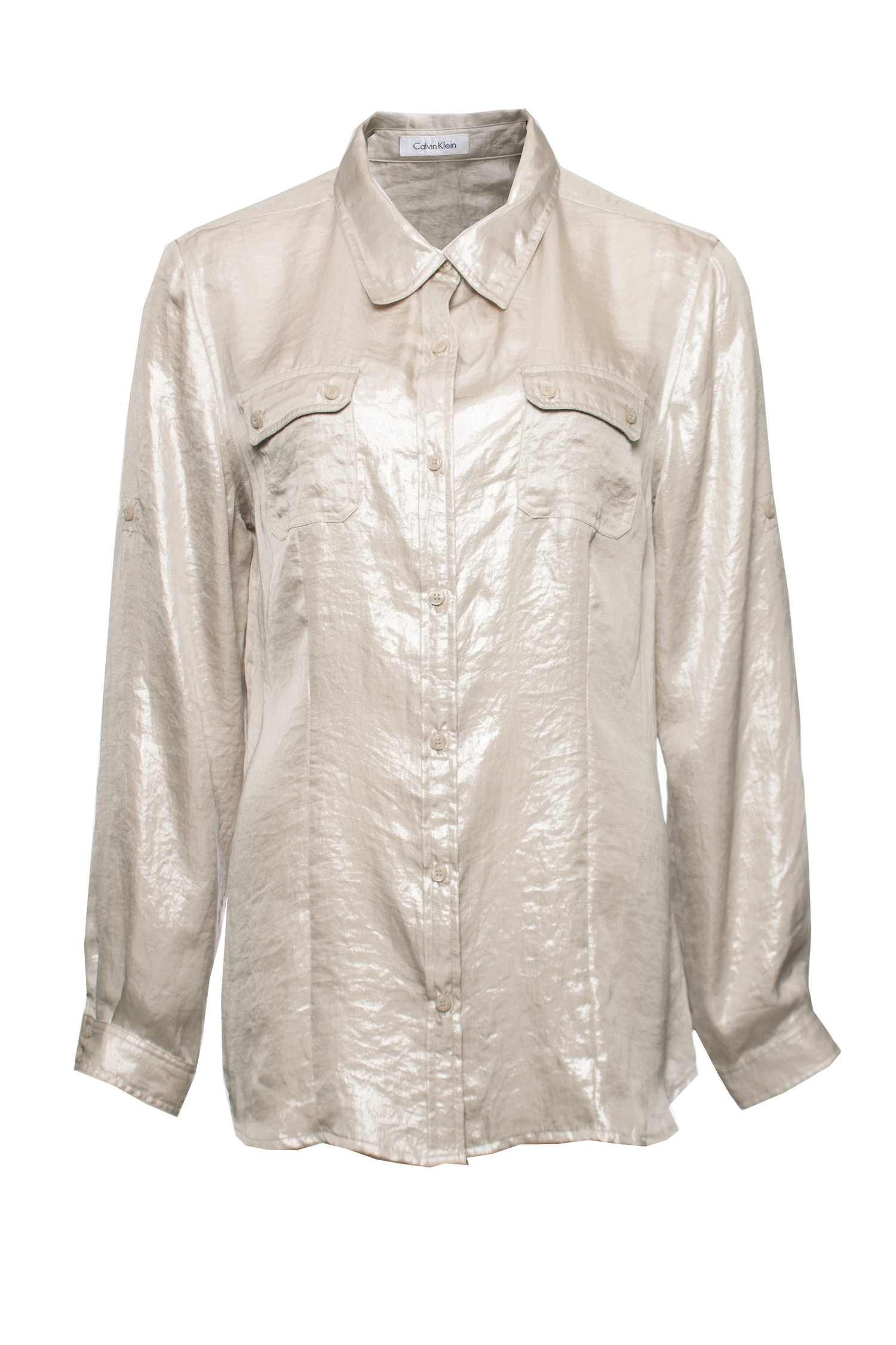 Calvin Klein metallic silver beige blouse with 2 pockets on the