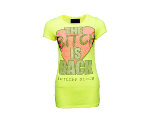 Phillip Plein, Fluorescent yellow T-shirt with in small pink/black/silver stones in size S. - Unique Pieces