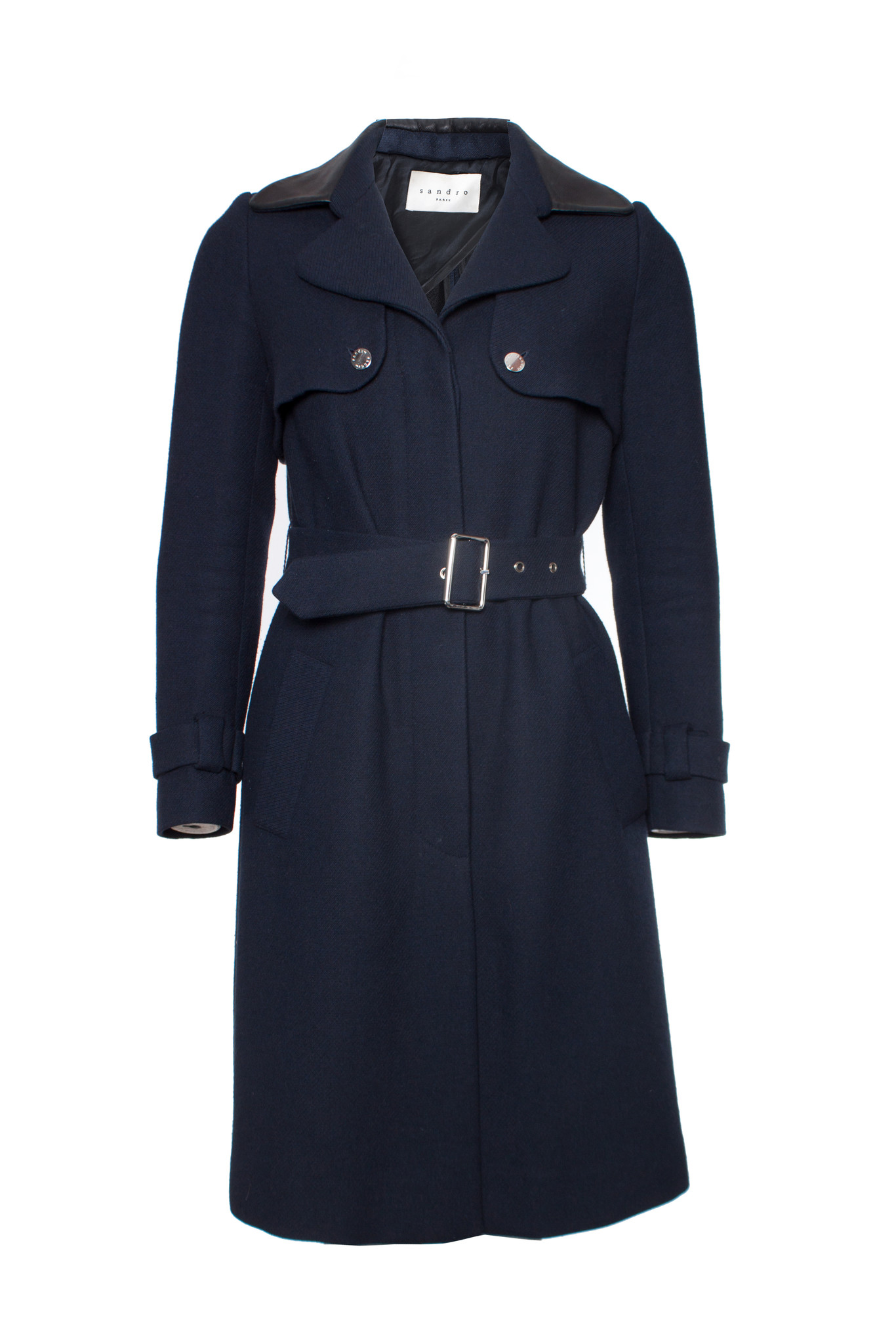 Sandro, Blue woolen trench coat with leather collar in size FR36/XS ...