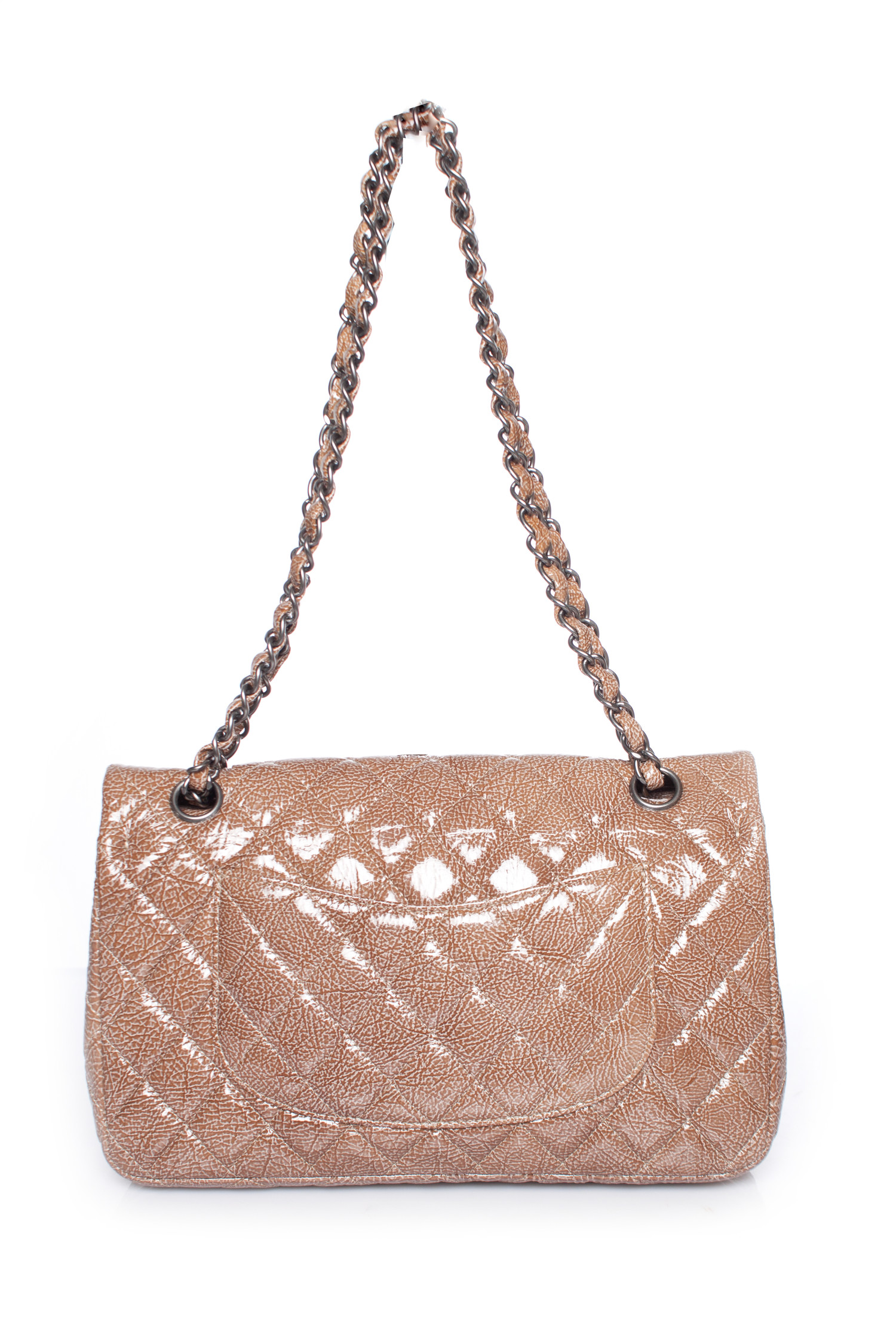 Chanel, Beige Quilted Crinkled Patent Leather Classic Medium