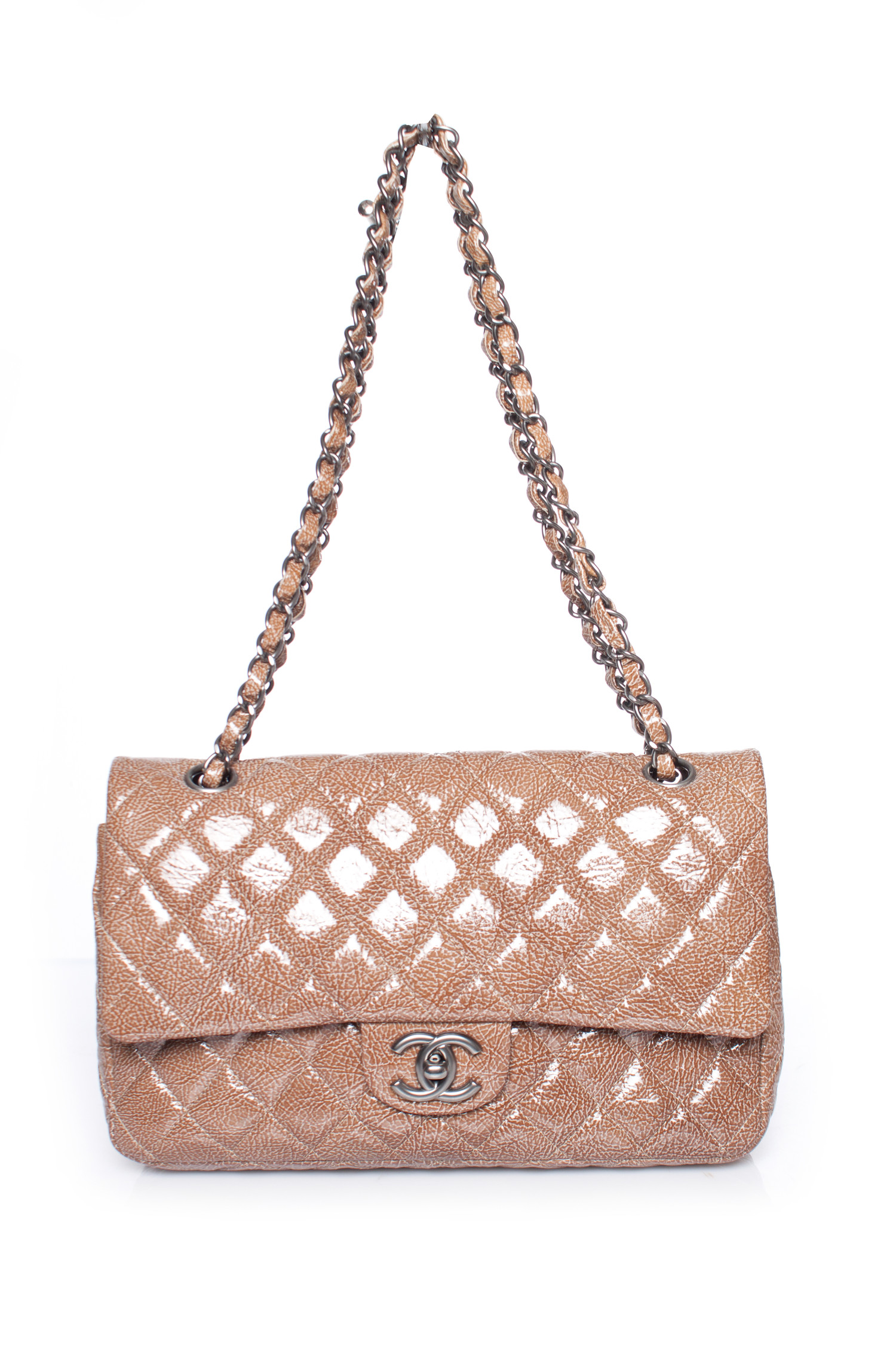 Chanel, Beige Quilted Crinkled Patent Leather Classic Medium