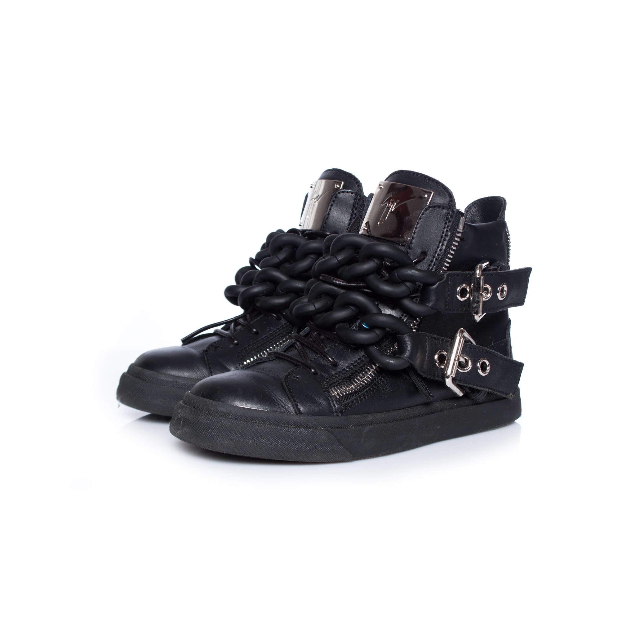 schommel Nationaal gemak Giuseppe Zanotti, zwarte leren high-top sneakers met dubbele ketting. -  Unique Designer Pieces