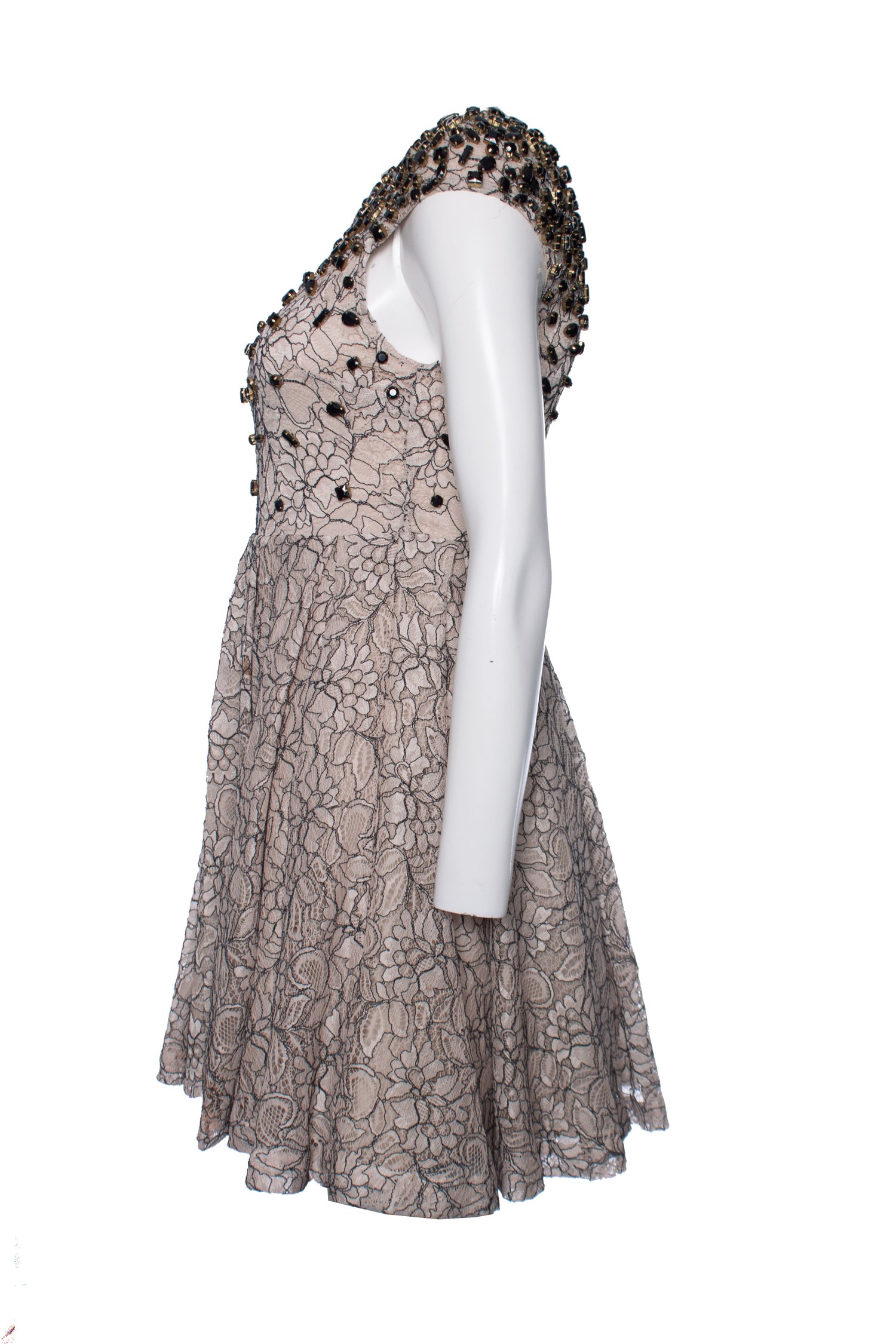 Alice + Olivia, beige lace dress with black stones - Unique