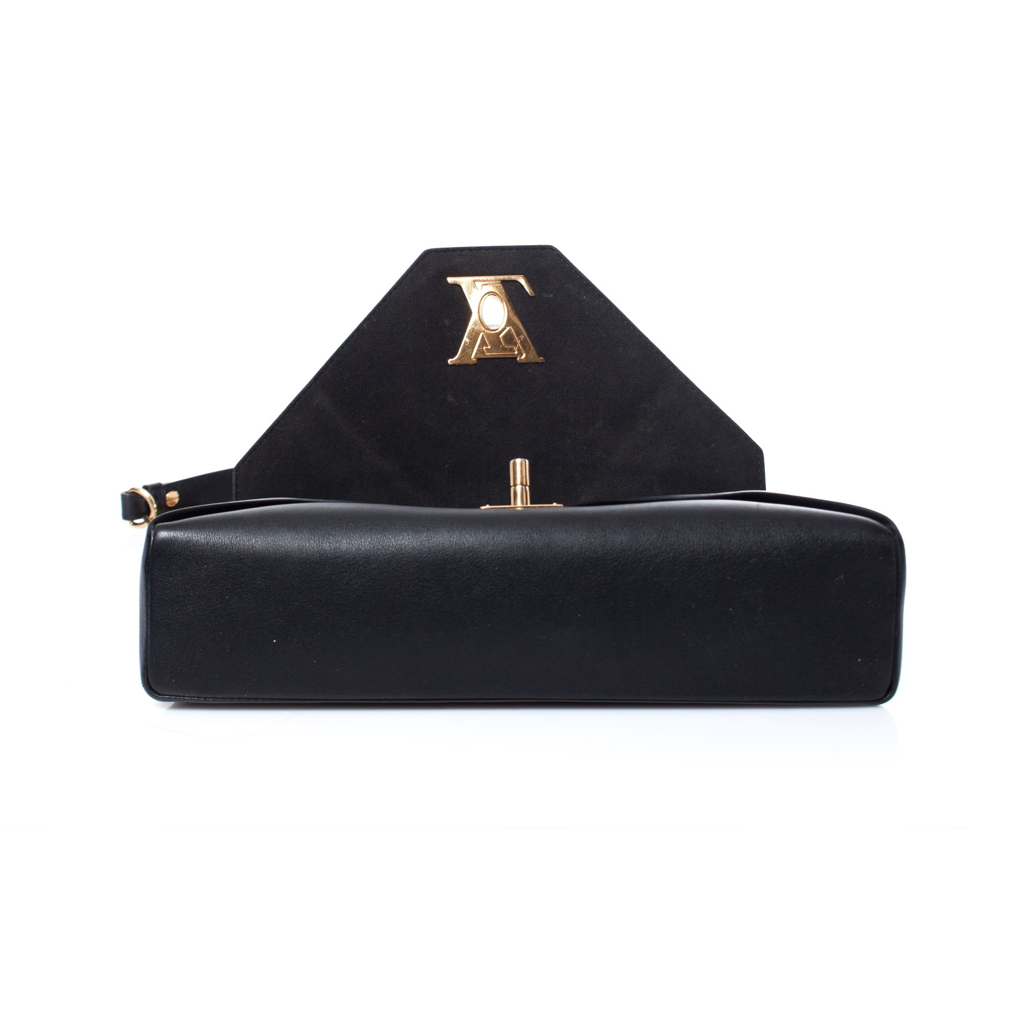 Louis Vuitton, Love note. Crafted in black leather with gold-toned LV  turn-lock closure and chain link. Turn lock closure opens to a black suede  interior with s…