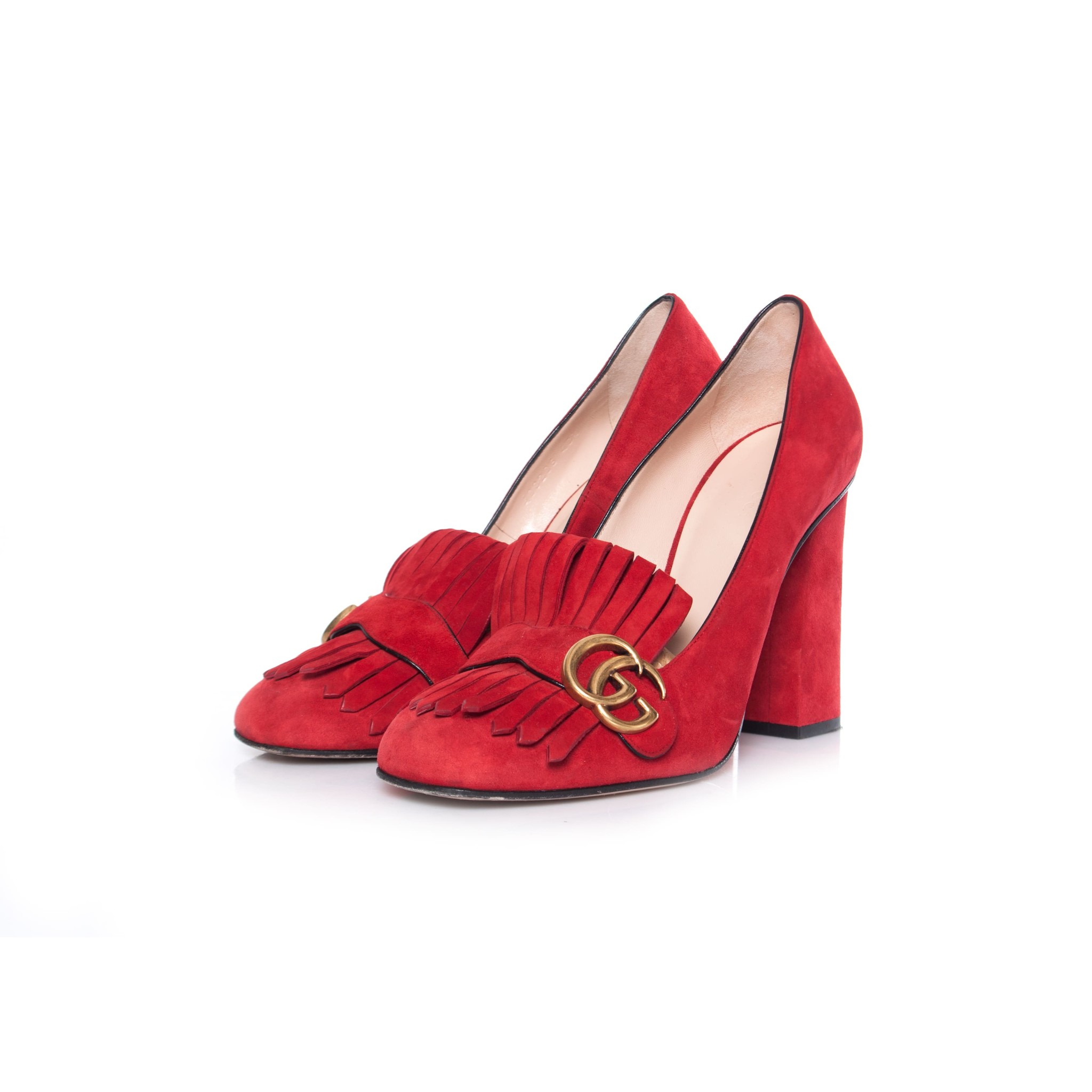 Gucci, Red suede GG Marmont loafer pumps - Unique Designer Pieces