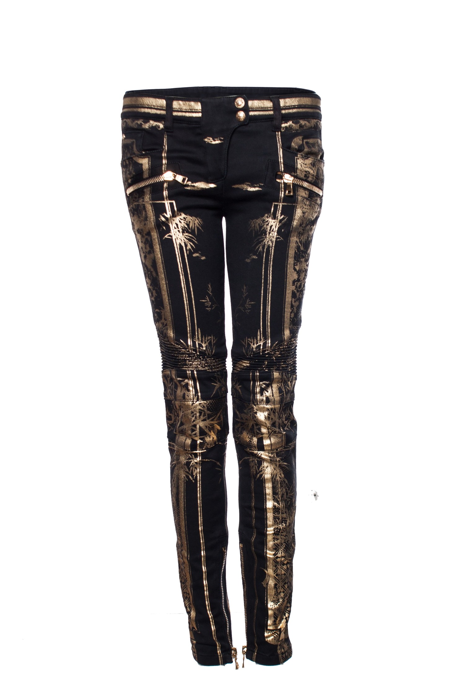 propel spiralformet Mangler Balmain, Black biker jeans with gold print - Unique Designer Pieces