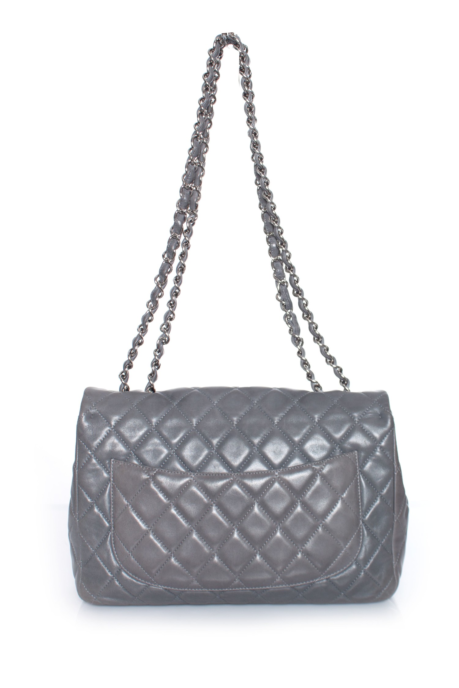 Chanel, Large classic flap bag with silver hardware in elephant grey calf  leather. - Unique Designer Pieces