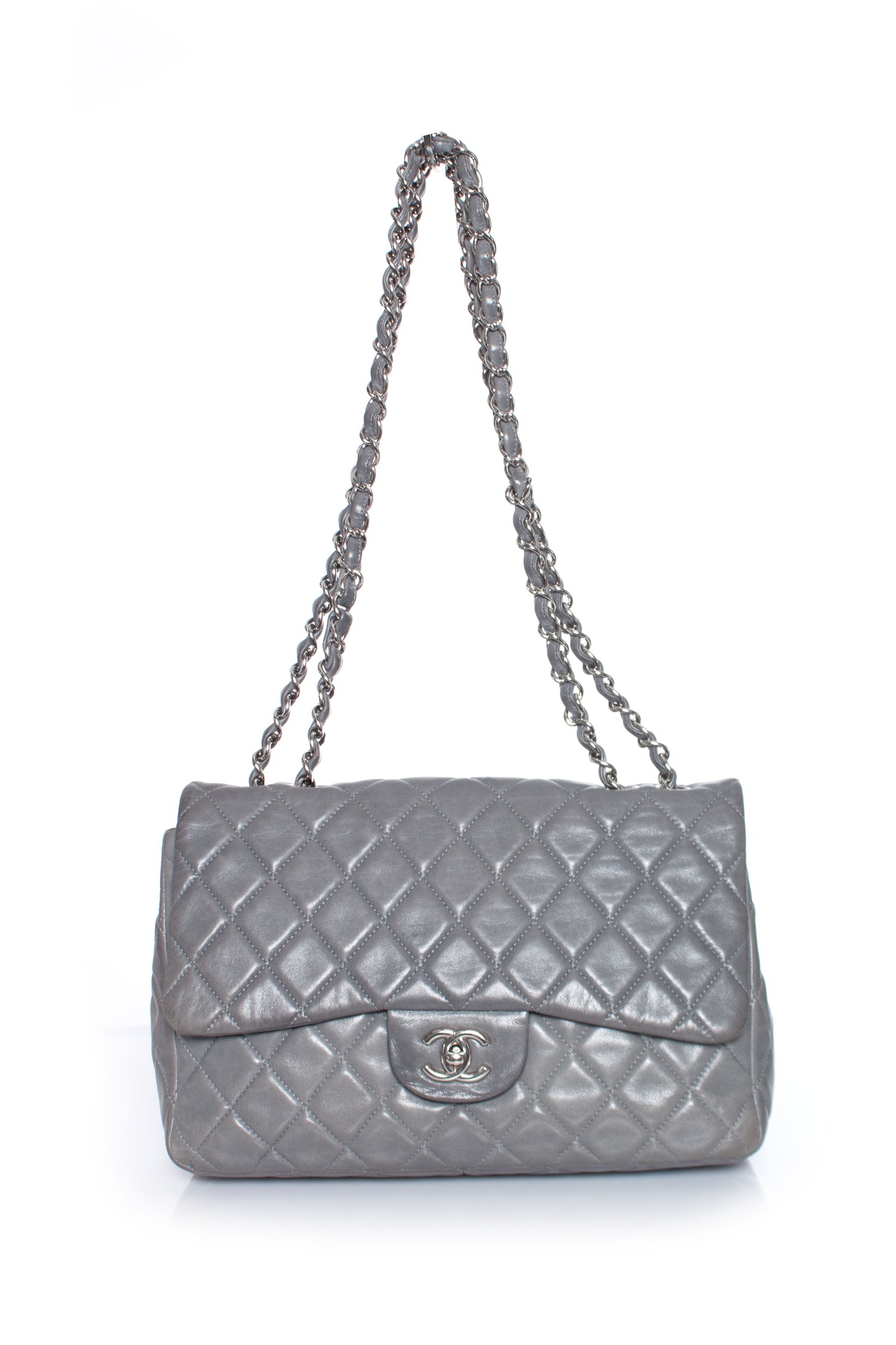 Chanel Classic 255 Medium Flap in Grey Sparkle Fabric with Silver Hardware   SOLD