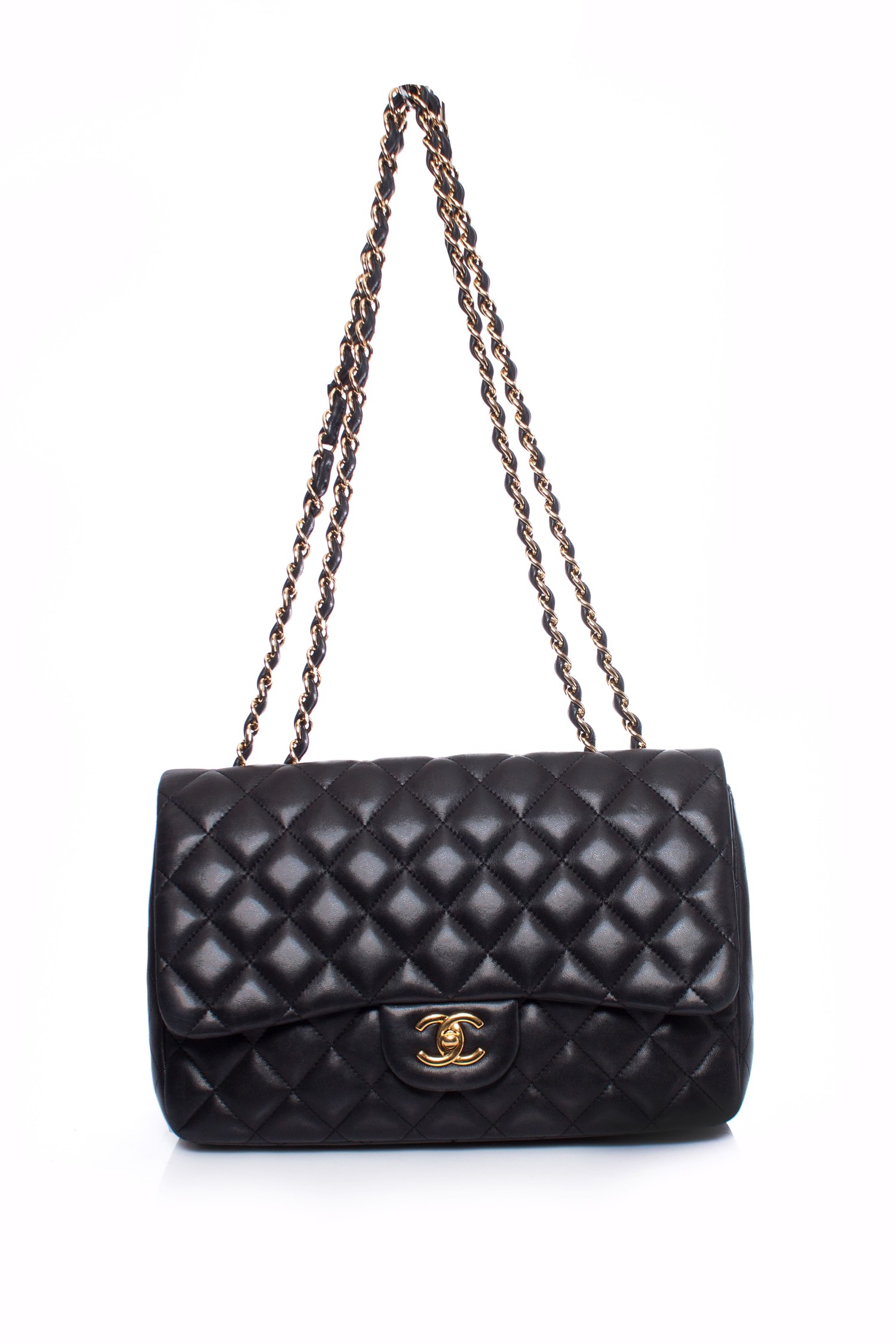 Flap bag with top handle, Lambskin & gold-tone metal, black — Fashion