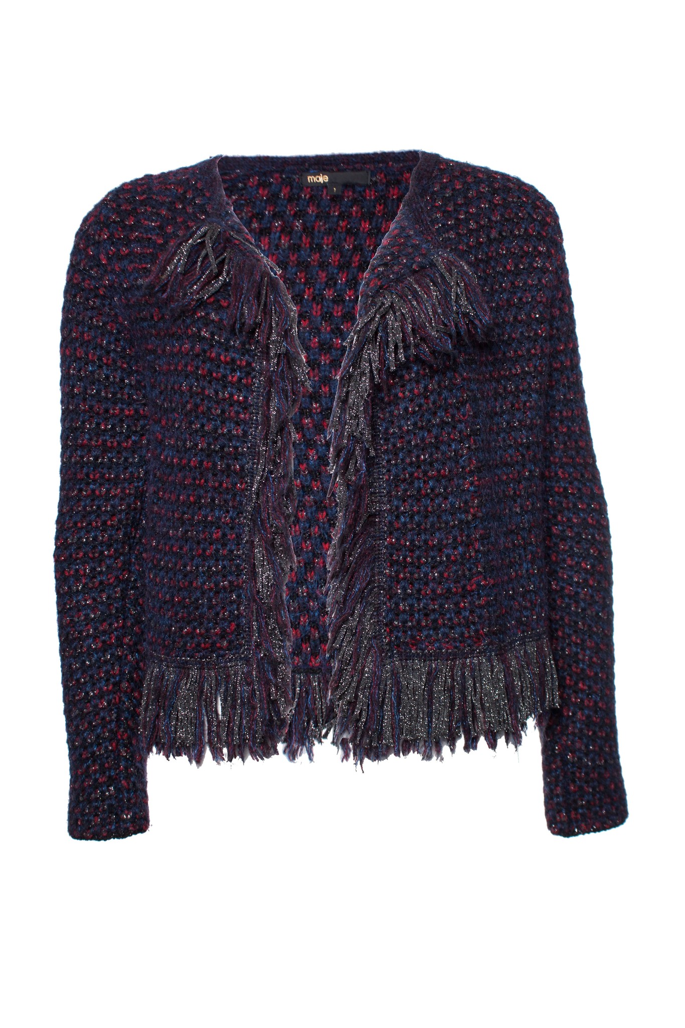 Maje, knitted cardigan with lurex and fringe. - Unique Designer Pieces